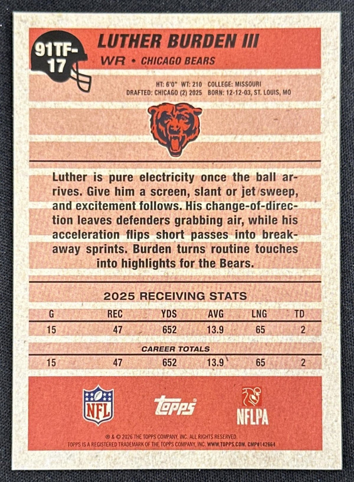 Luther Burden III 2026 Topps Flagship 1991 Bears