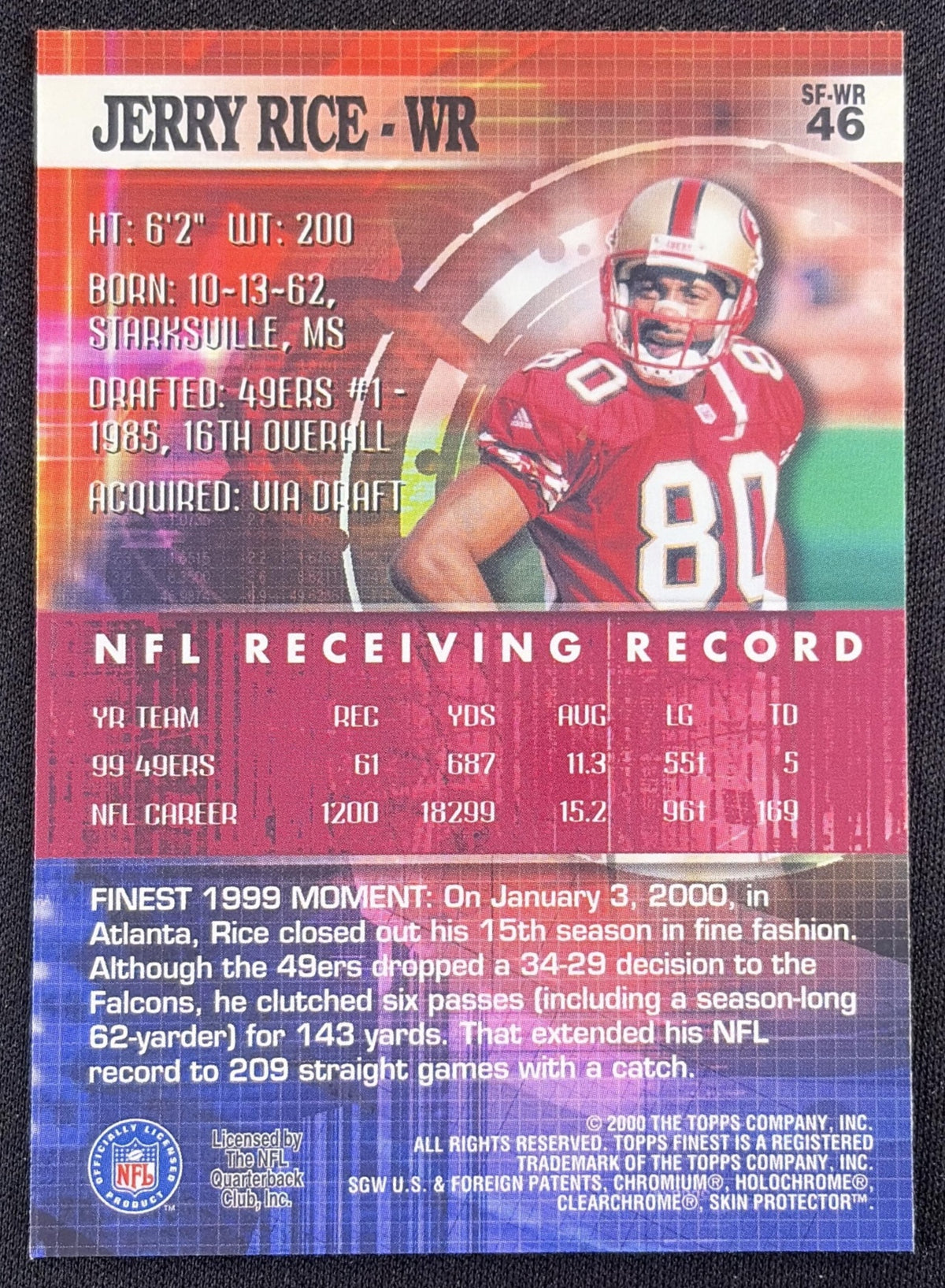Jerry Rice 2000 Topps Finest 49ers Sports Trading Card
