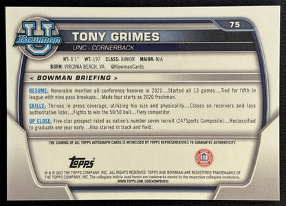 Tony Grimes 2022 Bowman University Chrome Prospect Auto Tar Heels back