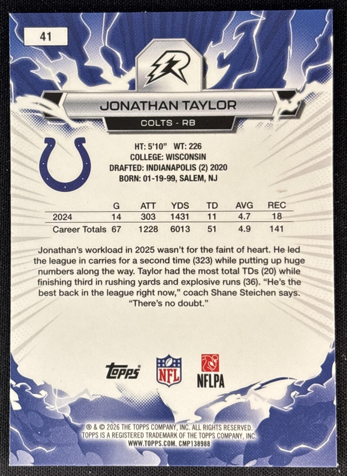 Jonathan Taylor 2025 Topps Resurgence Sky Blue and Pink Shock Refractor Colts Indianapolis Colts Sports Trading Cards