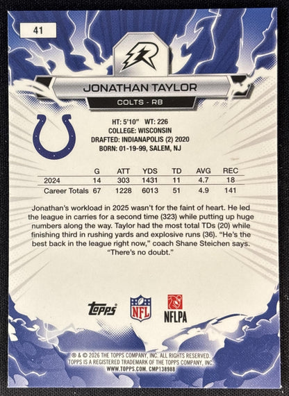 Jonathan Taylor 2025 Topps Resurgence Sky Blue and Pink Shock Refractor Colts Indianapolis Colts Sports Trading Cards