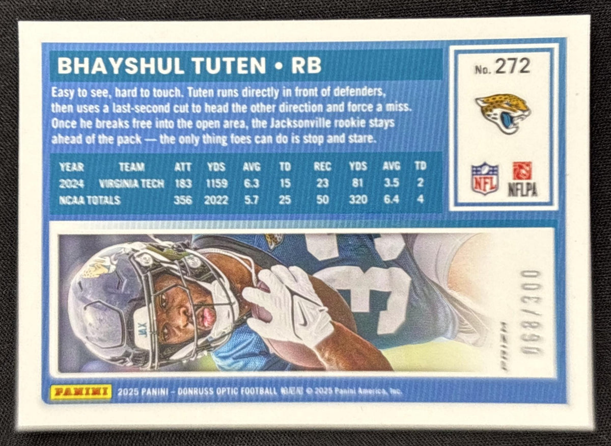 Bhayshul Tuten 2025 Panini Donruss Optic Rated Rookie Purple Shock Prizm Jaguars