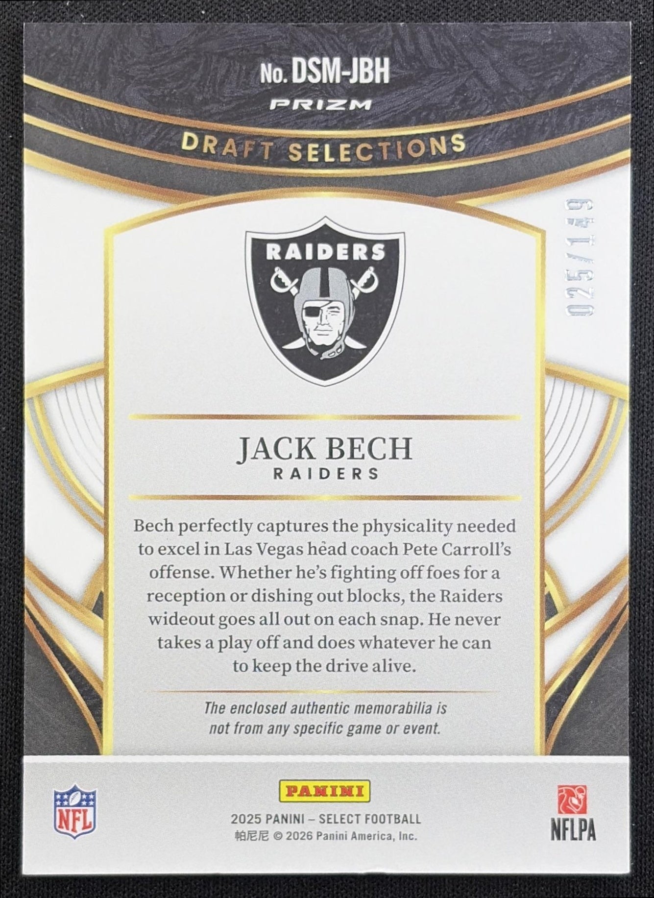 Jack Bech 2025 Panini Select Draft Selections Memorabilia Silver Prizm /149 Raiders Las Vegas Raiders back