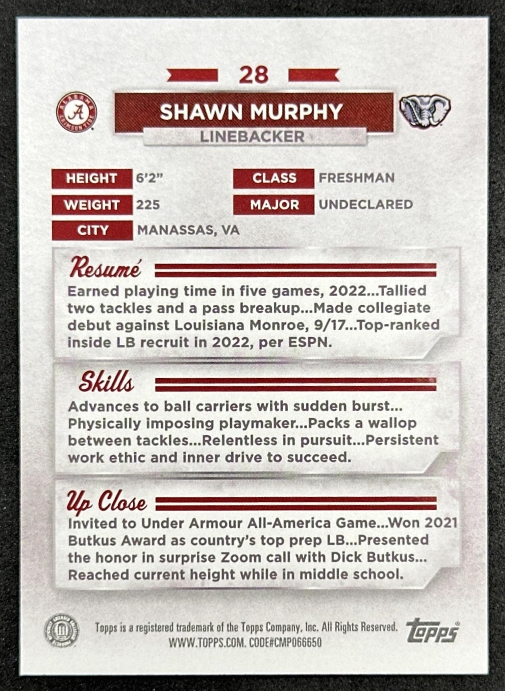 Shawn Murphy 2023 Bowman University Alabama Crimson Tide Rainbow Foil back
