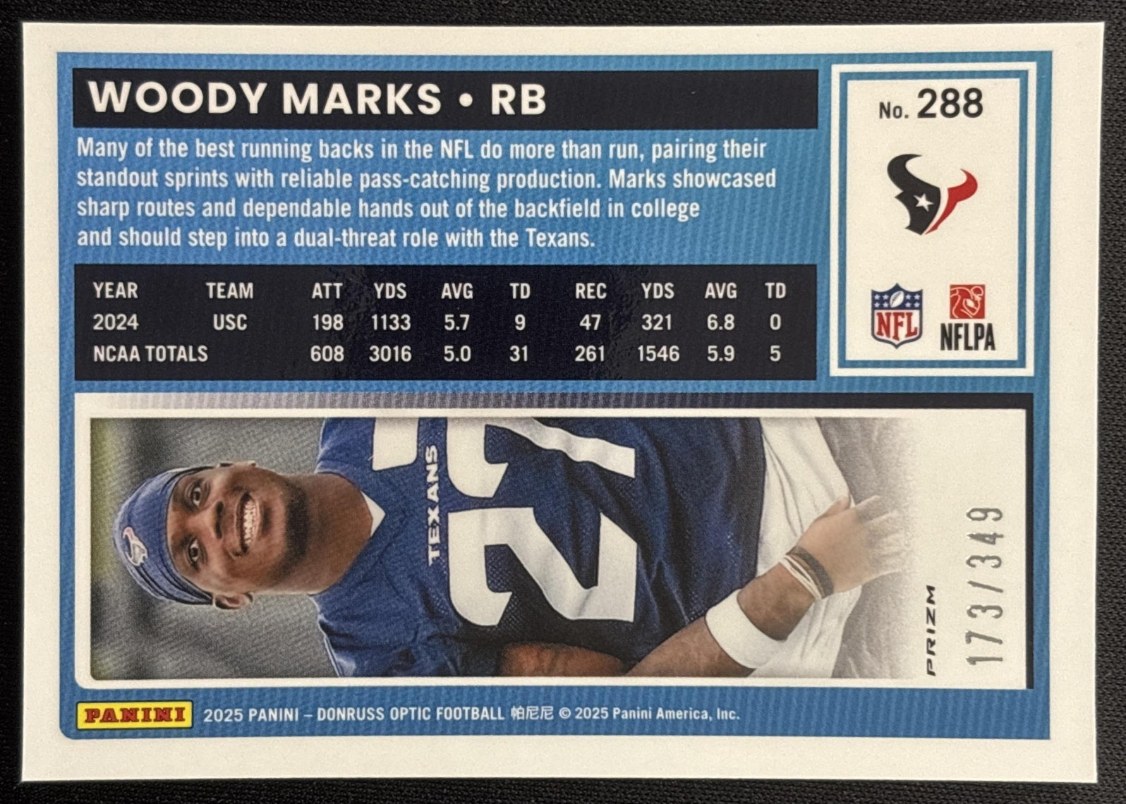 Woody Marks 2025 Panini Donruss Optic Rated Rookie Aqua Prizm /349 Texans Sports Trading Cards