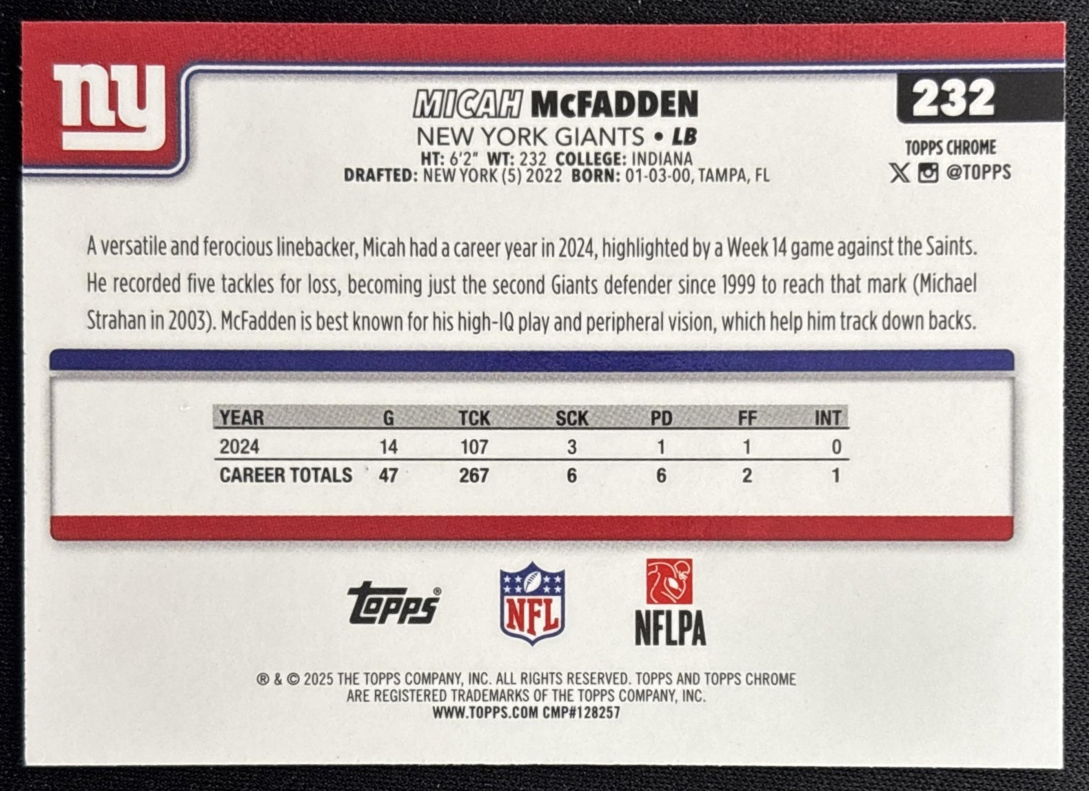 Micah McFadden 2025 Topps Chrome Neon Pulse Refractor Giants Sports Trading Card