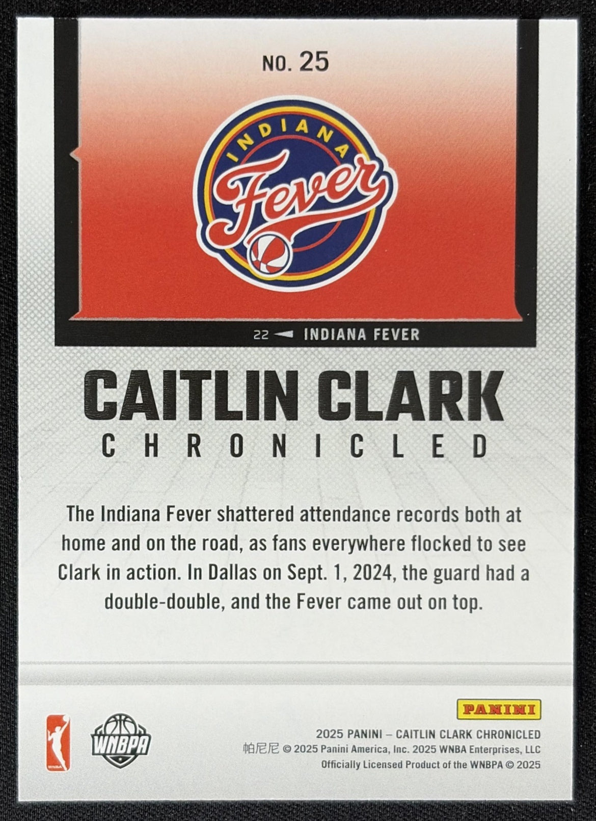 Caitlin Clark 2025 Panini Chronicled WNBA Holo Fever 25 Indiana Fever Sports Trading Card