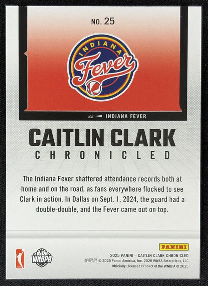 Caitlin Clark 2025 Panini Chronicled WNBA Holo Fever 25 Indiana Fever Sports Trading Card