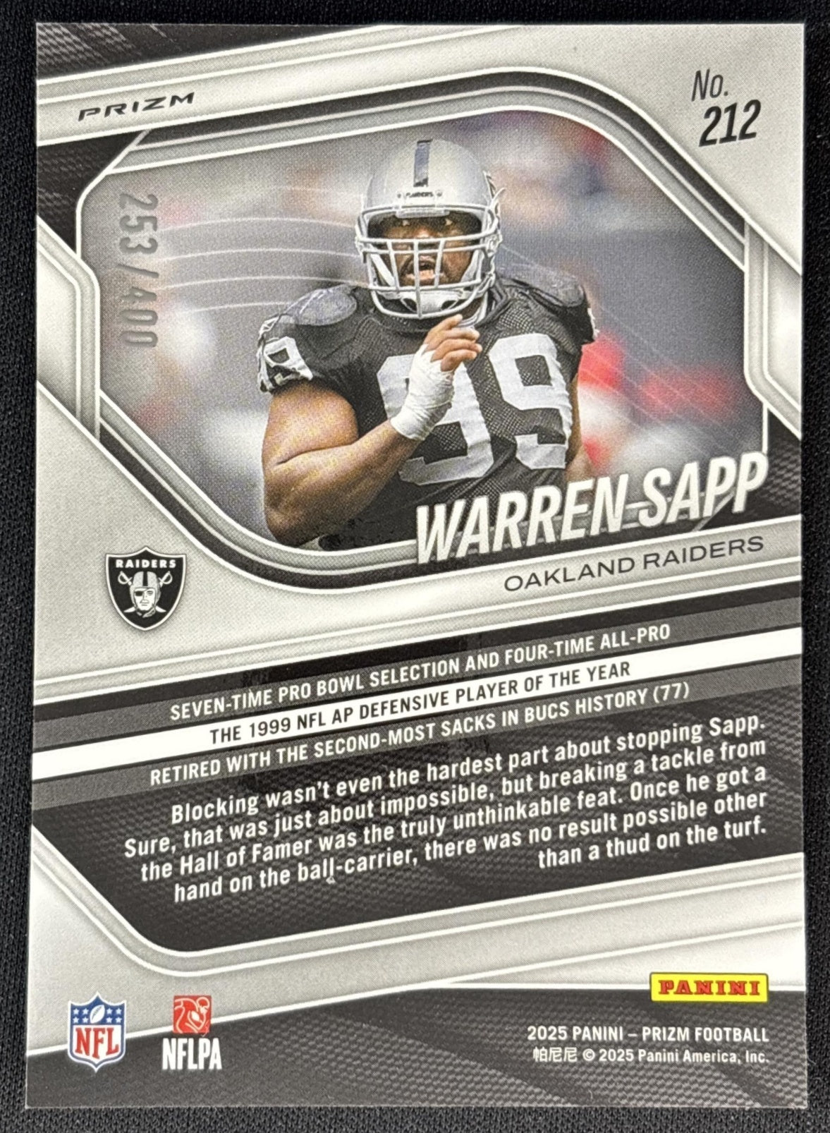 Warren Sapp 2025 Panini Prizm Pandora /400 Raiders back