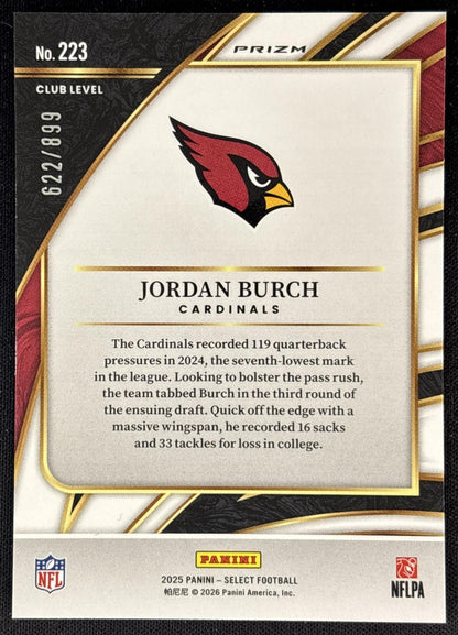 Jordan Burch 2025 Panini Select Club Level Copper Prizm Shock /899 Cardinals back