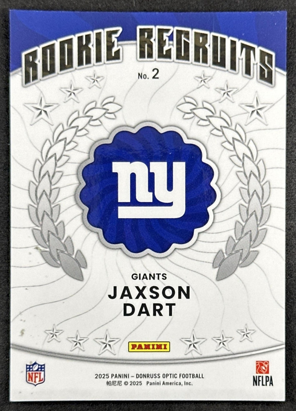 Jaxson Dart 2025 Panini Donruss Optic Rookie Recruits Giants back