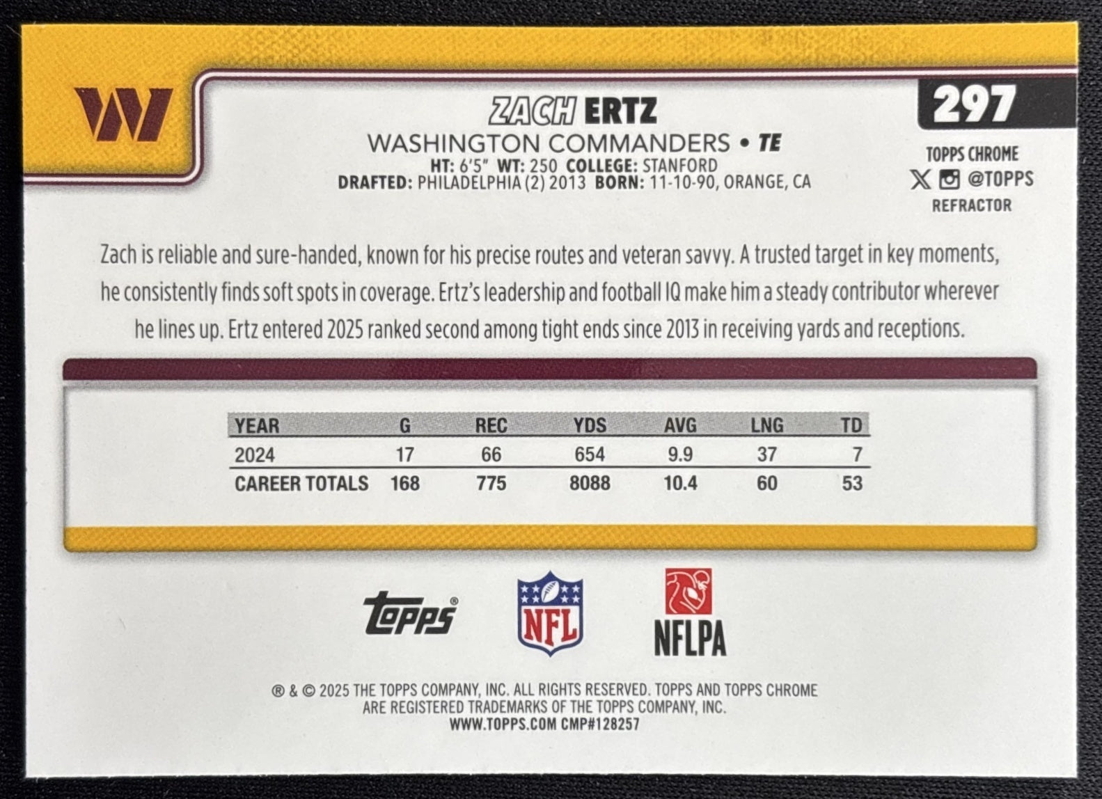 Zach Ertz 2025 Topps Chrome Refractor Commanders Sports Trading Cards