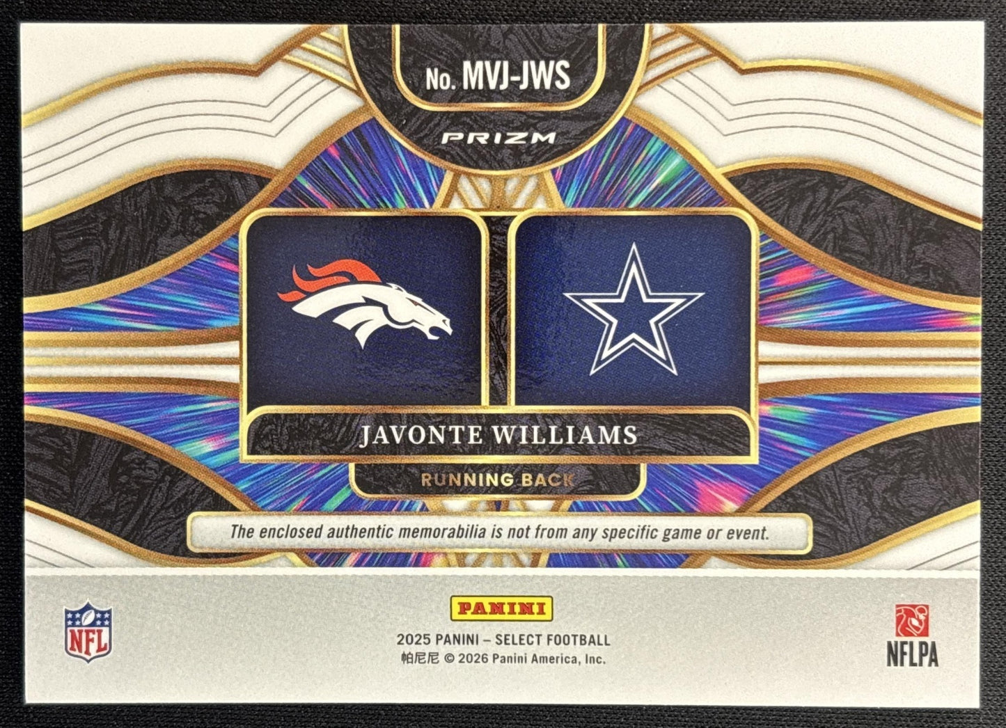 Javonte Williams 2025 Panini Select Multiverse Jerseys Blue Prizm Broncos Cowboys Sports Trading Cards