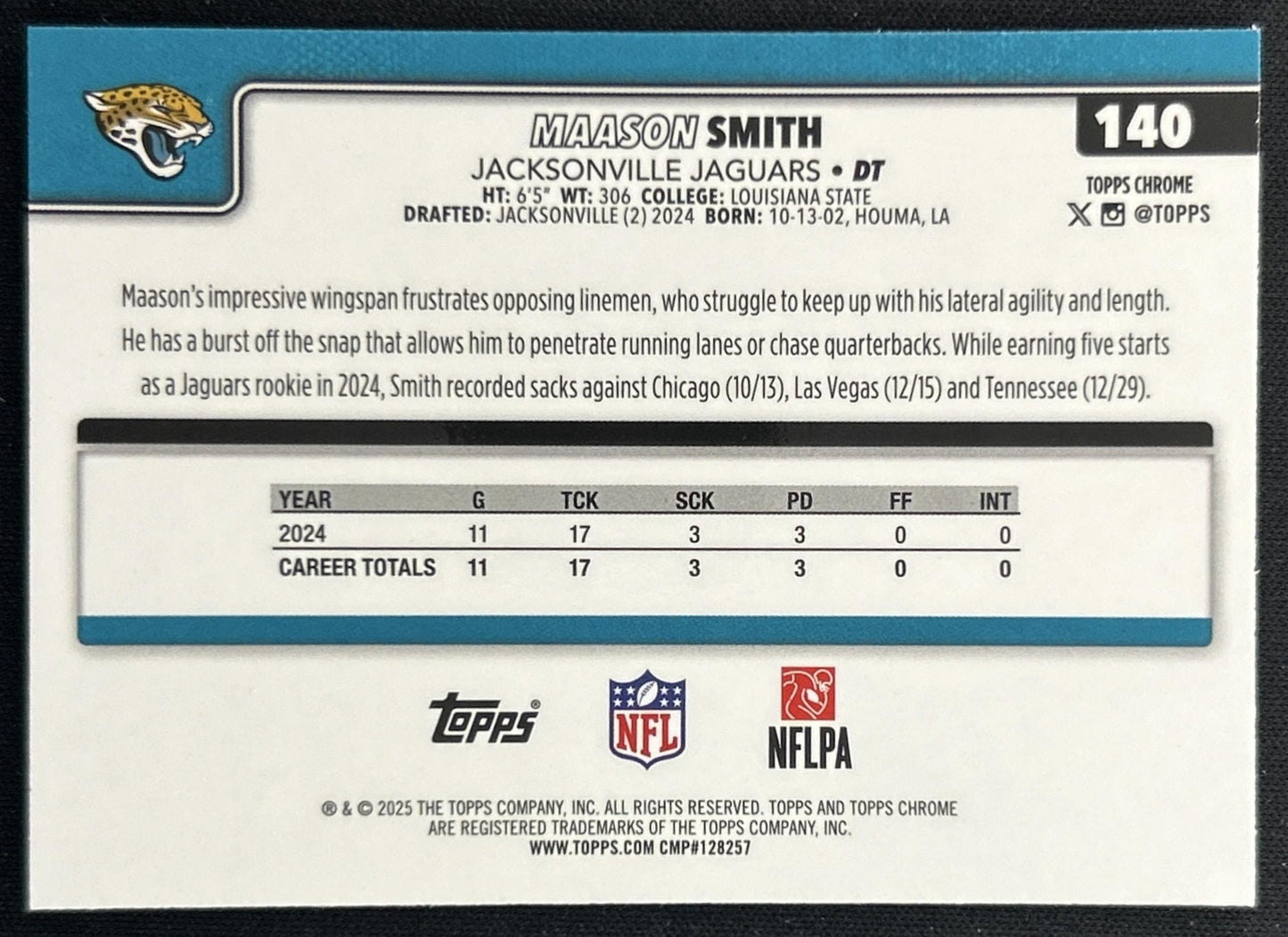 Maason Smith 2025 Topps Chrome Pink Wave Refractor /250 Jaguars