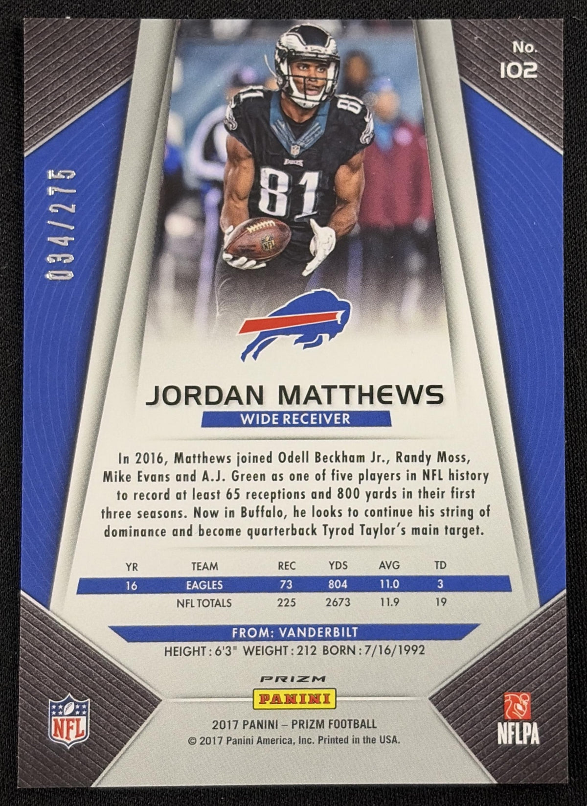 Back of Jordan Matthews 2017 Panini Prizm Orange /275 Bills sports trading card