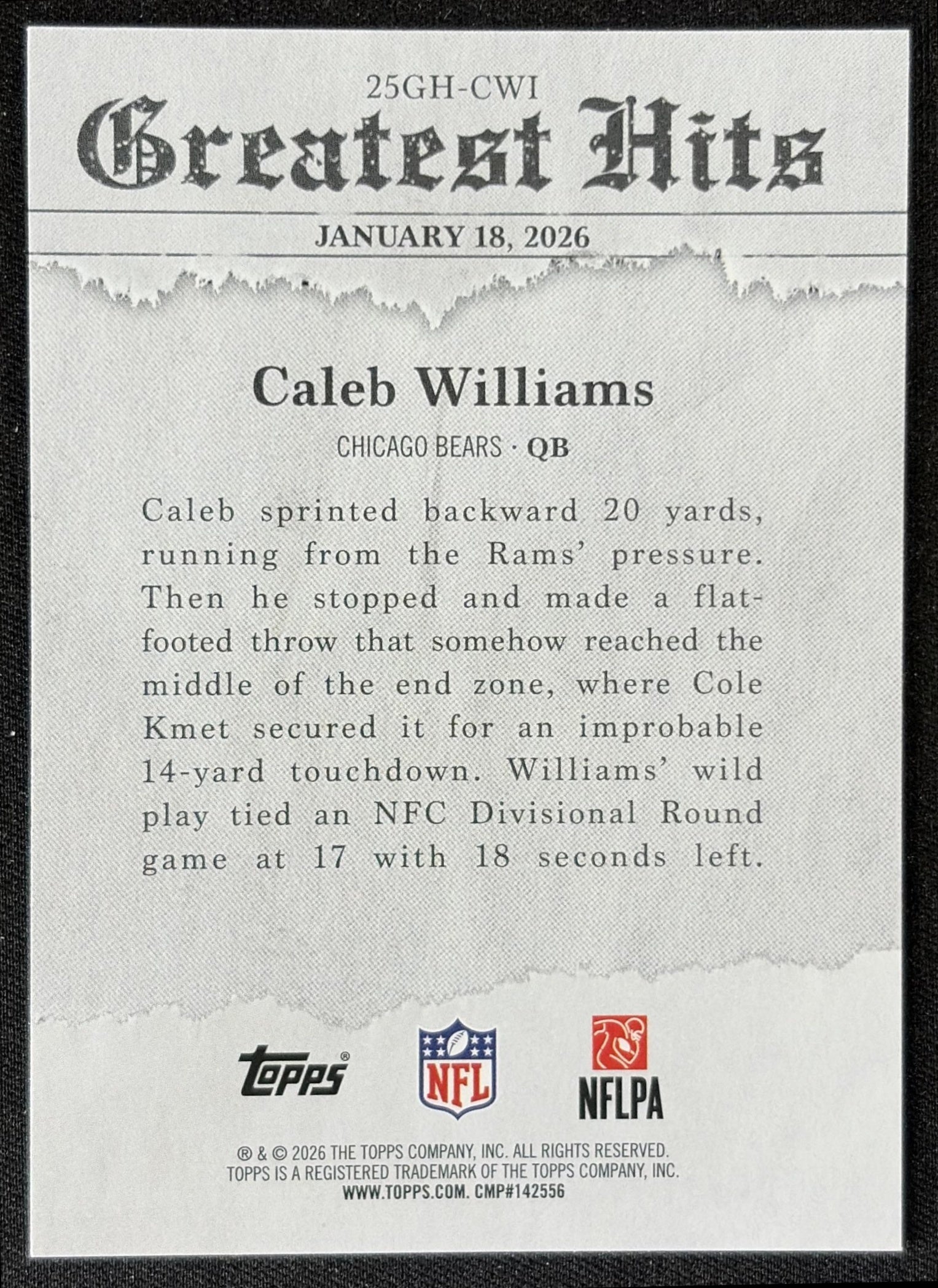 Caleb Williams 2026 Topps 2025 Greatest Hits Bears back