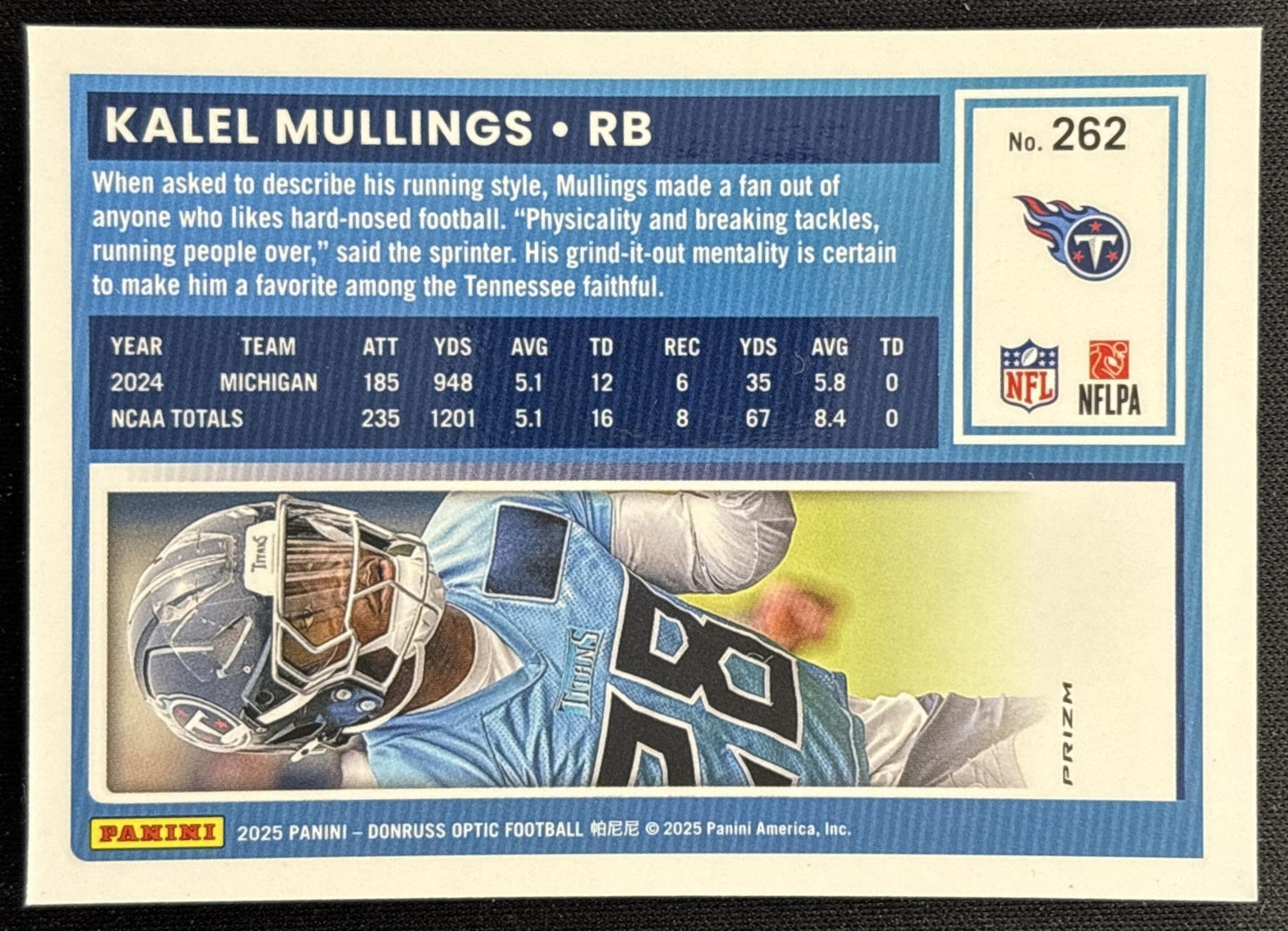 Kalel Mullings 2025 Panini Donruss Optic Rated Rookie Purple Shock Prizm Titans - Back