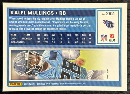 Kalel Mullings 2025 Panini Donruss Optic Rated Rookie Purple Shock Prizm Titans - Back