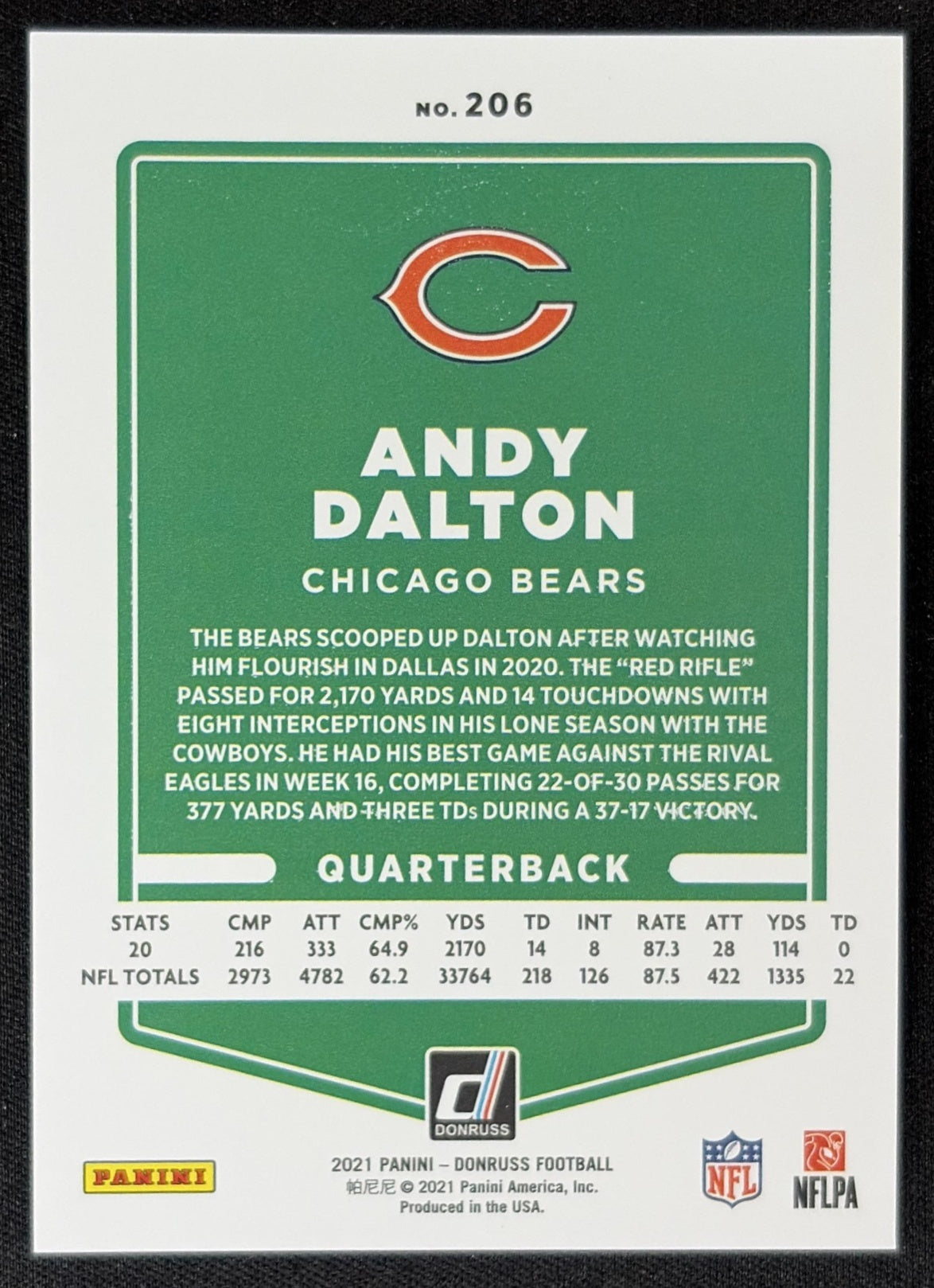 Andy Dalton 2021 Panini Donruss Press Proof Premium Bears - Chicago Bears