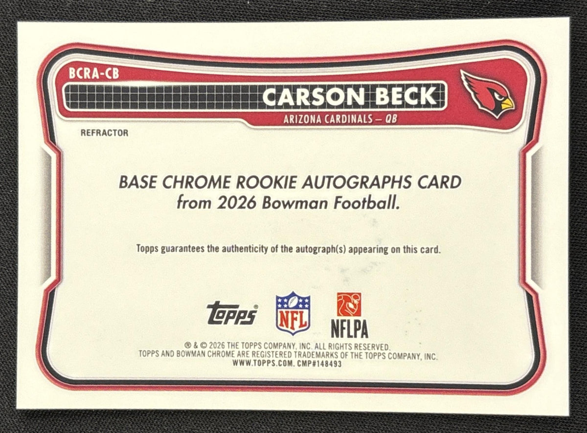 Carson Beck 2026 Bowman Chrome Rookie Auto Refractor /499 Cardinals Sports Trading Card