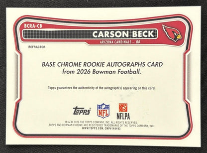 Carson Beck 2026 Bowman Chrome Rookie Auto Refractor /499 Cardinals Sports Trading Card