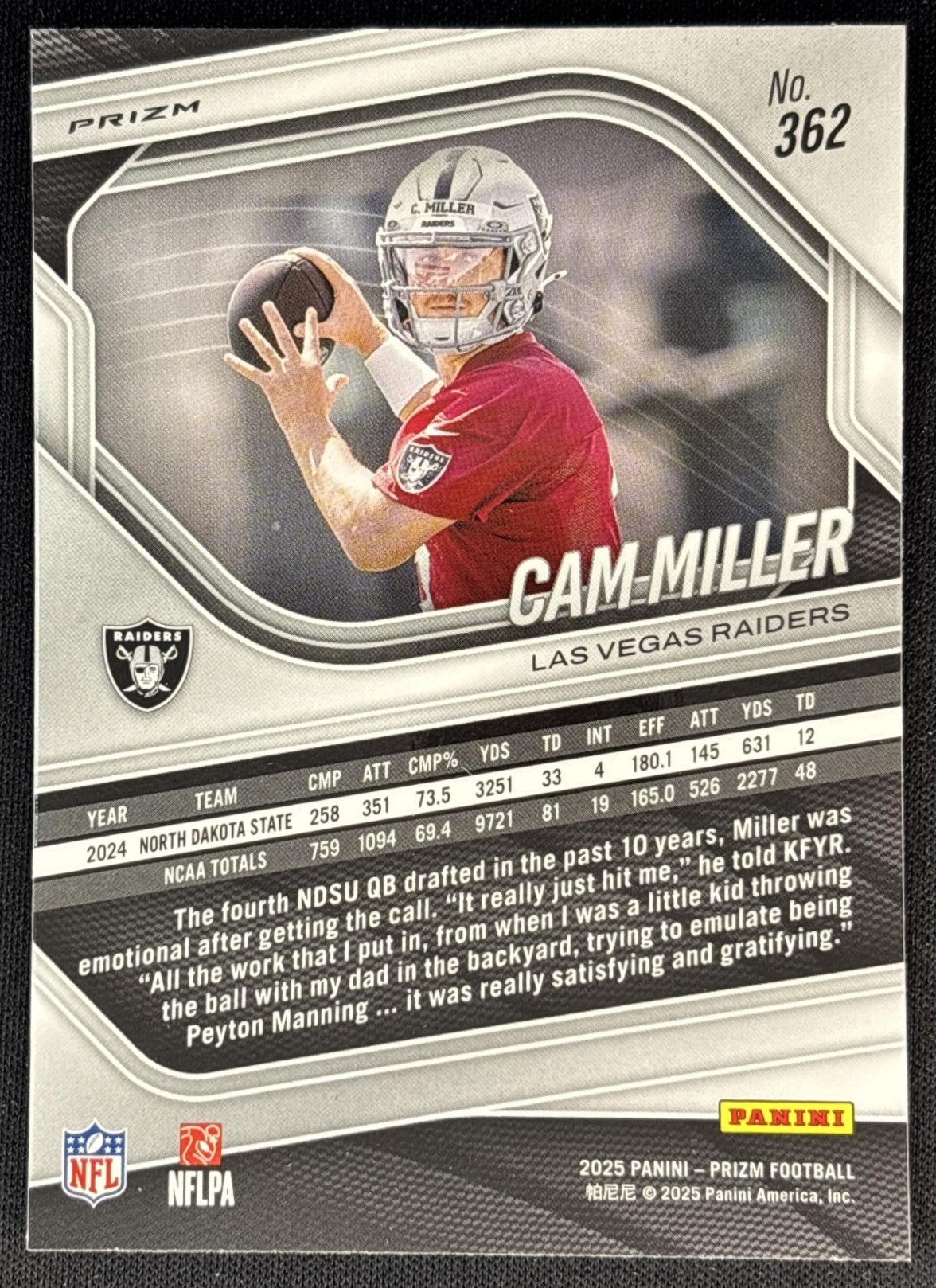 Cam Miller 2025 Panini Prizm Neon Green Pulsar Raiders back