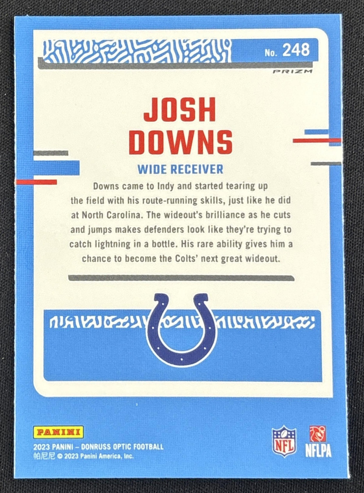 Josh Downs 2023 Panini Donruss Optic Purple Shock Prizm Colts