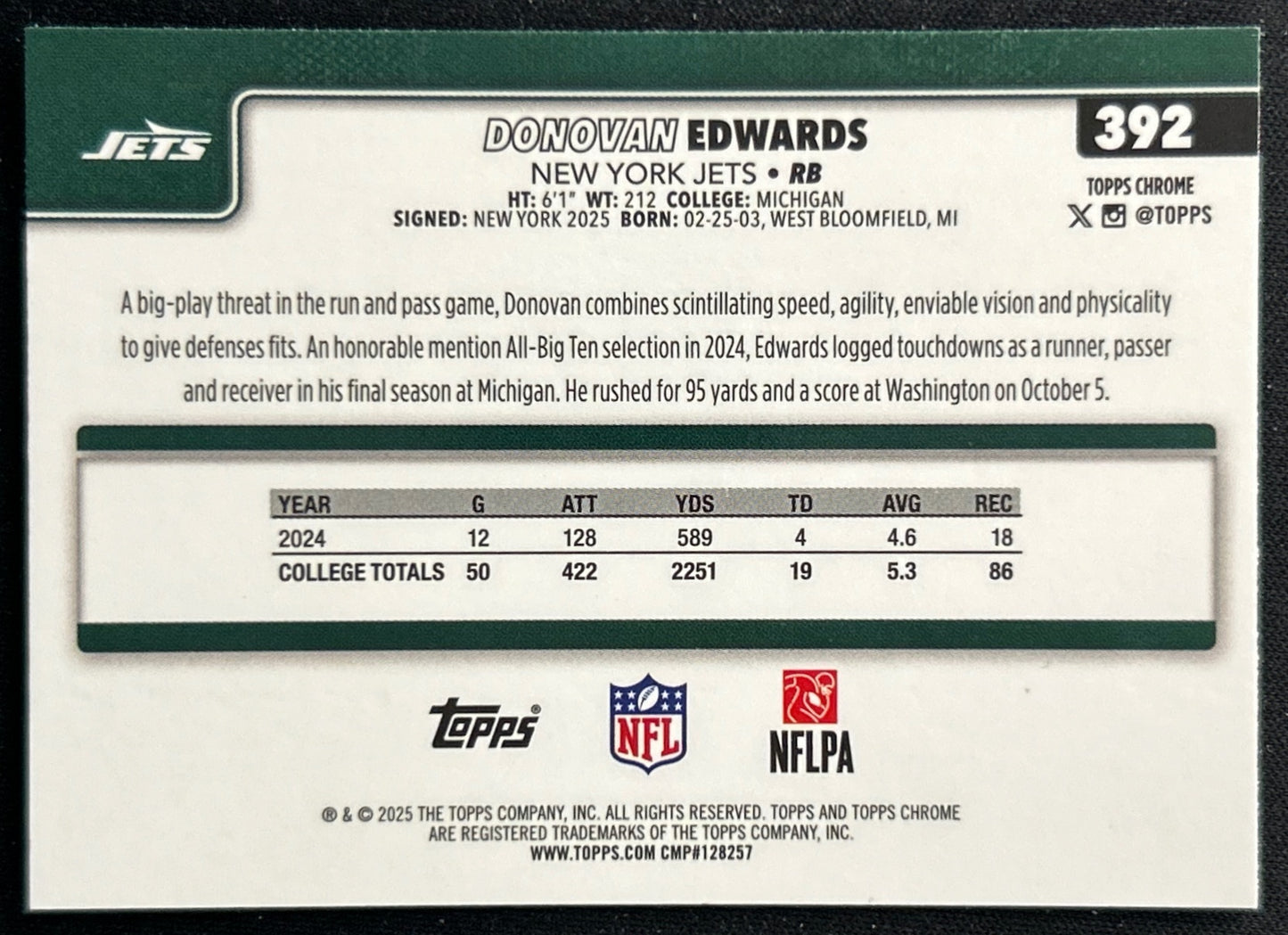 Donovan Edwards 2025 Topps Chrome Rookie Jets Sports Trading Cards