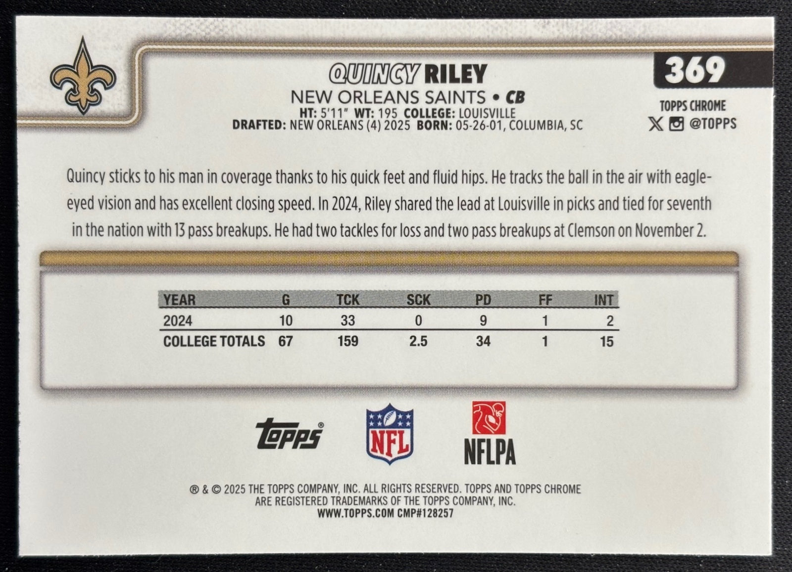Quincy Riley 2025 Topps Chrome Rookie Pulsar Refractor Saints Sports Trading Cards