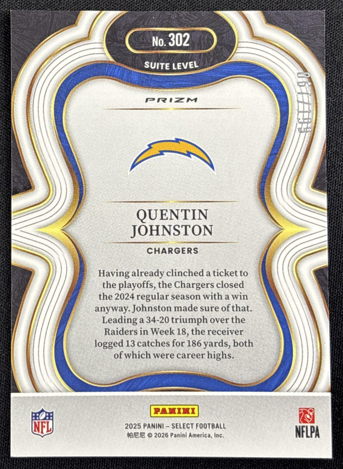 Quentin Johnston 2025 Panini Select Suite Level Tri-Color Prizm /199 Chargers