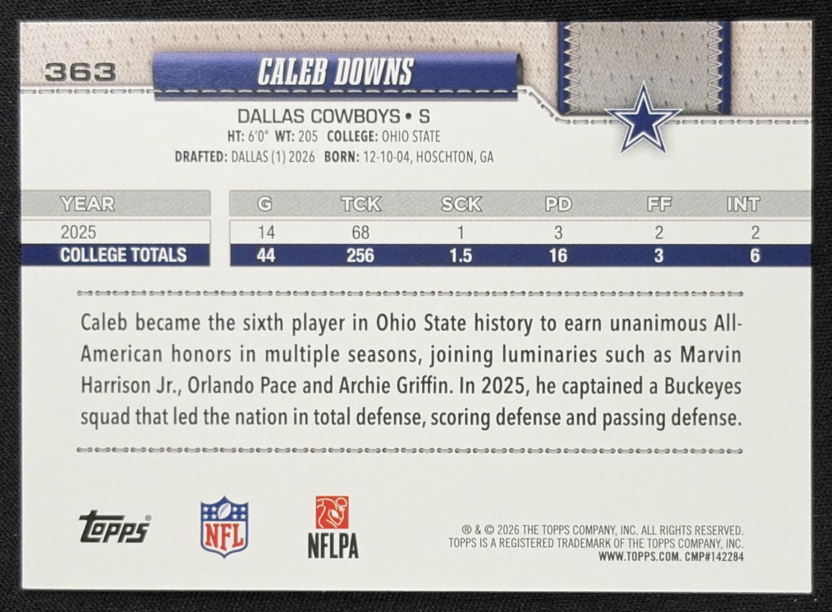 Caleb Downs 2026 Topps Holo Foil Cowboys