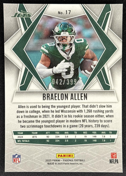 Braelon Allen 2025 Panini Phoenix Red Winter Prizm /399 Jets
