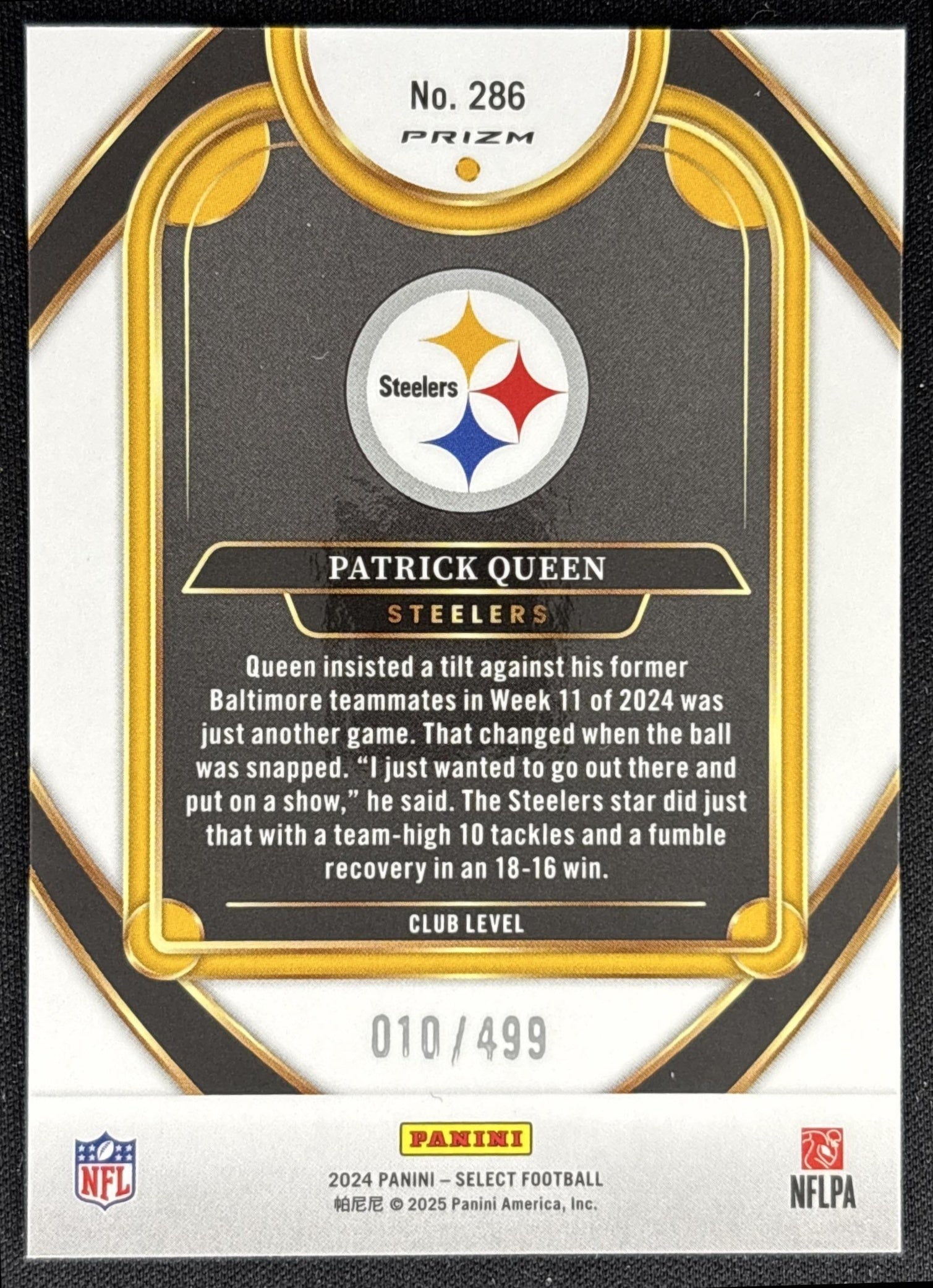 Patrick Queen 2024 Panini Select Club Neon Green Prizm Shock /499 Steelers