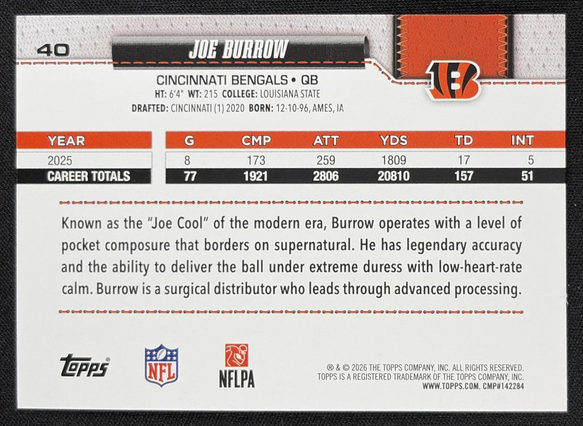 Joe Burrow 2026 Topps Rainbow Foil Bengals back
