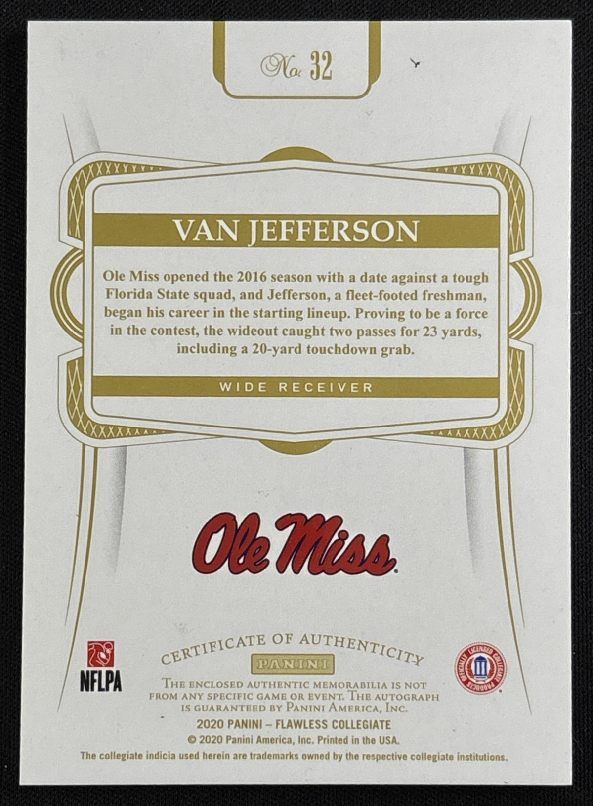 Van Jefferson 2023 Panini Flawless Collegiate 2020 Panini Flawless Collegiate Football Patch Auto /25 Rebels back