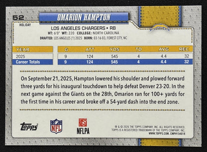 Omarion Hampton 2026 Topps Holiday Blue Metallic Glitter Chargers - back