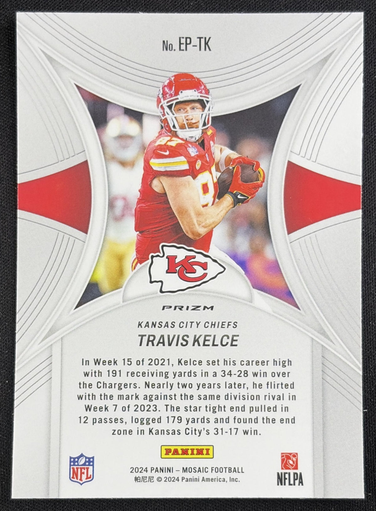 Travis Kelce 2024 Panini Mosaic Epic Performers Silver Mosaic Chiefs Sports Trading Card