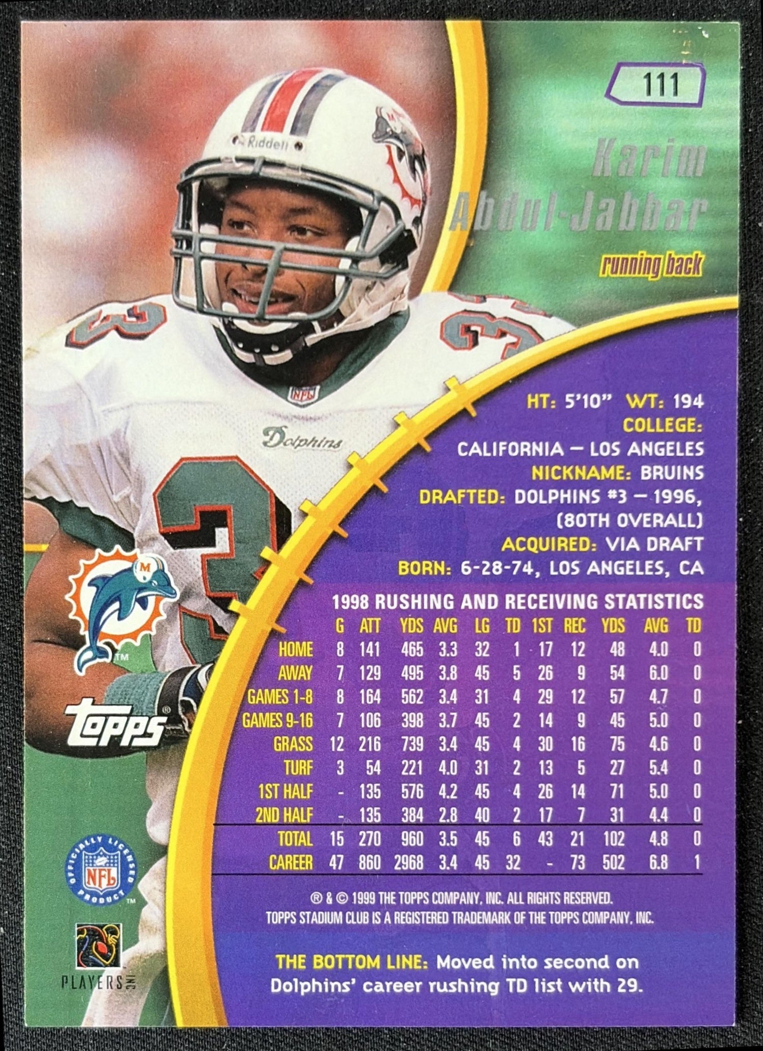Karim Abdul-Jabbar 1999 Topps Stadium Club Dolphins back