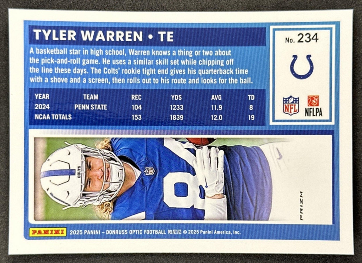 Tyler Warren 2025 Panini Donruss Optic Rated Rookie Stars Prizm Colts back