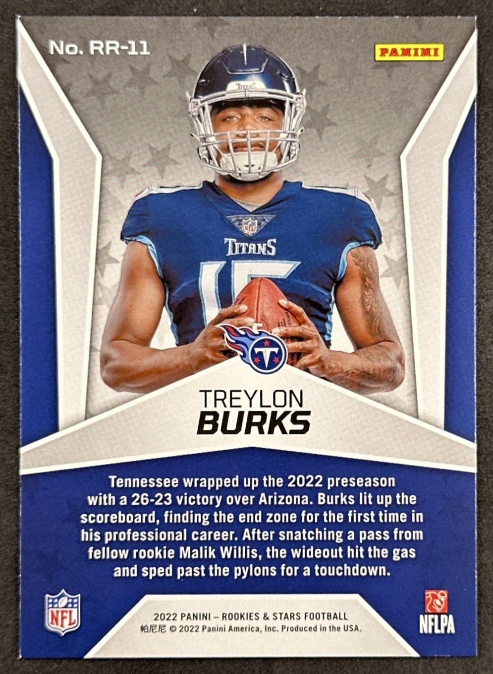 Treylon Burks 2022 Panini Rookies & Stars Rookie Rush Titans back sports trading card
