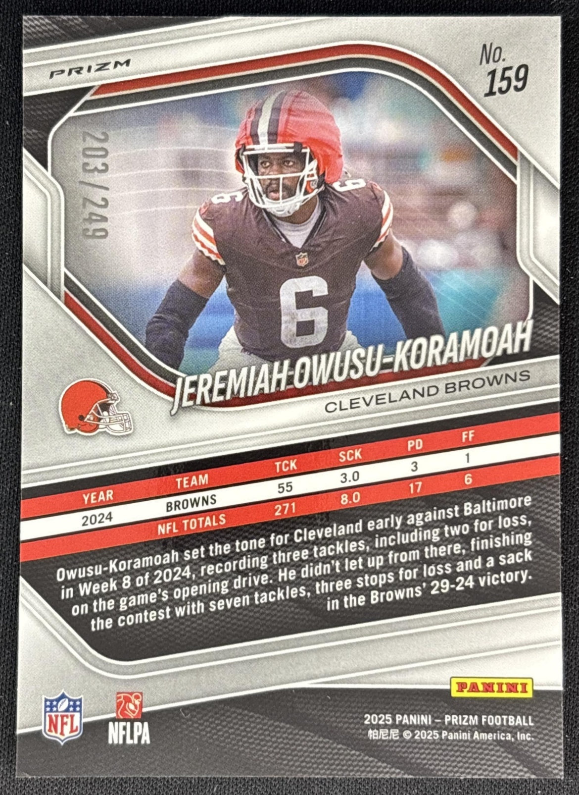Jeremiah Owusu-Koramoah 2025 Panini Prizm Orange /249 Browns back