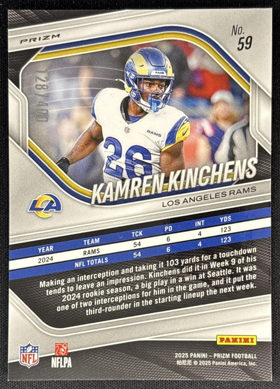 Kamren Kinchens 2025 Panini Prizm Pandora /400 Rams back