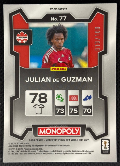 Julian De Guzman 2026 Prizm Monopoly World Cup Red Big Money Shimmer /100 Canada Sports Trading Cards