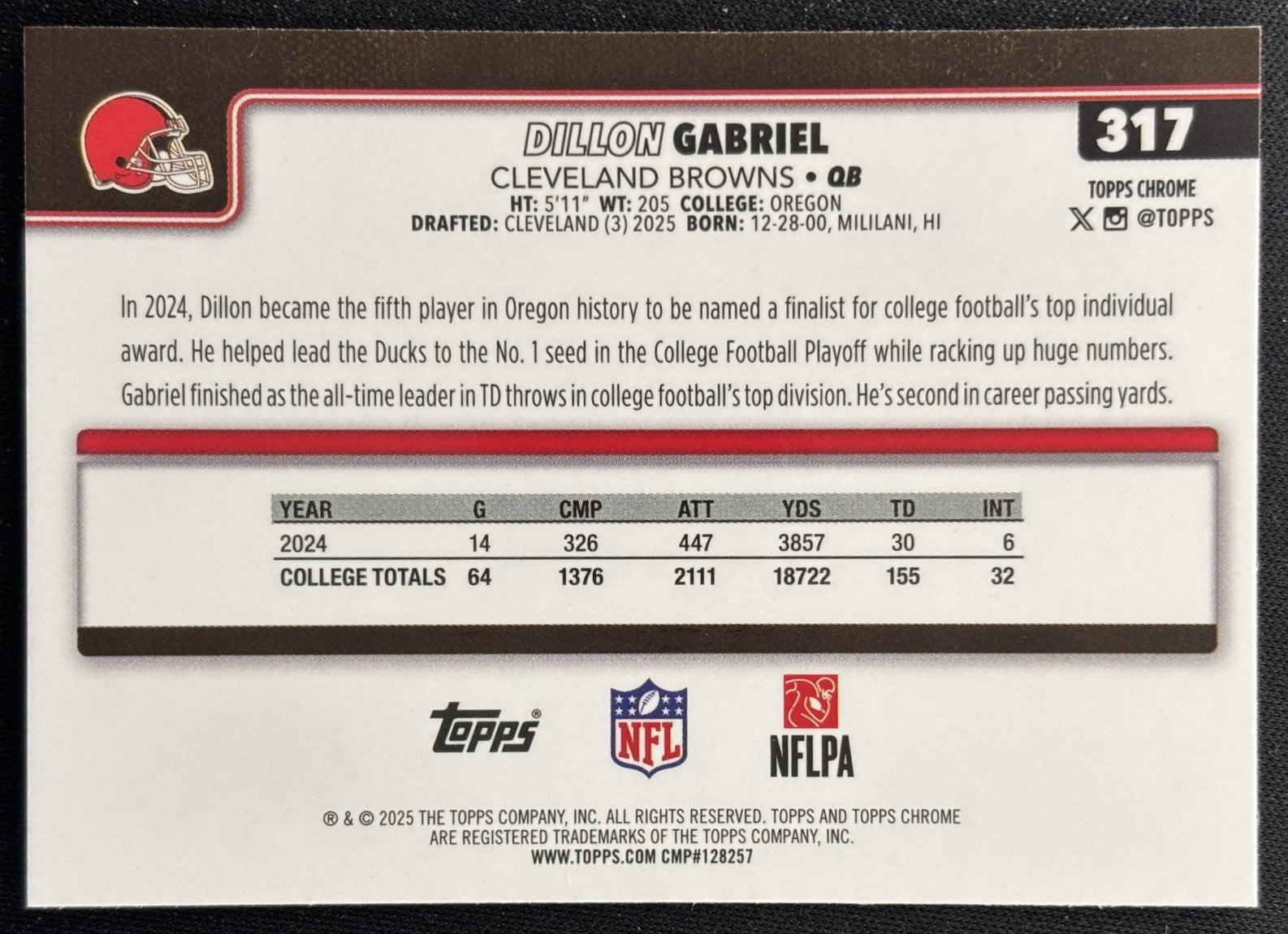 Dillon Gabriel 2025 Topps Chrome Rookie Browns