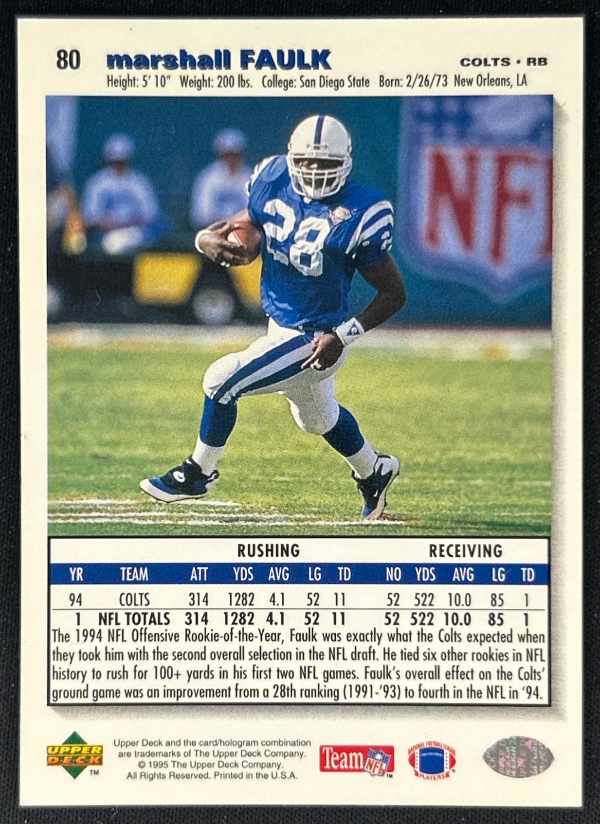 Marshall Faulk 1995 Collector's Choice Colts Sports Trading Card