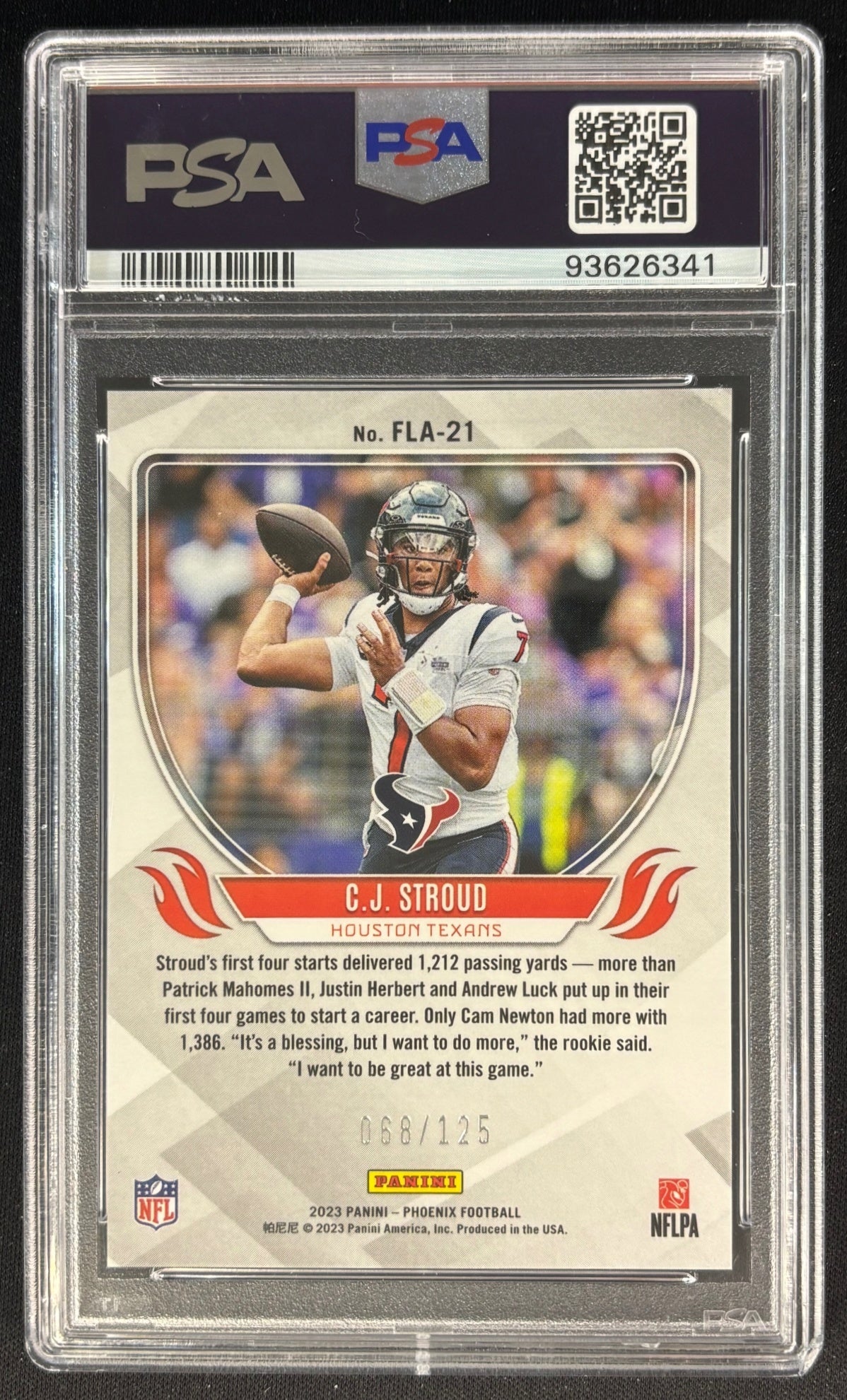 C.J. Stroud 2023 Phoenix Flame Throwers Purple /125 PSA 10 Texans back