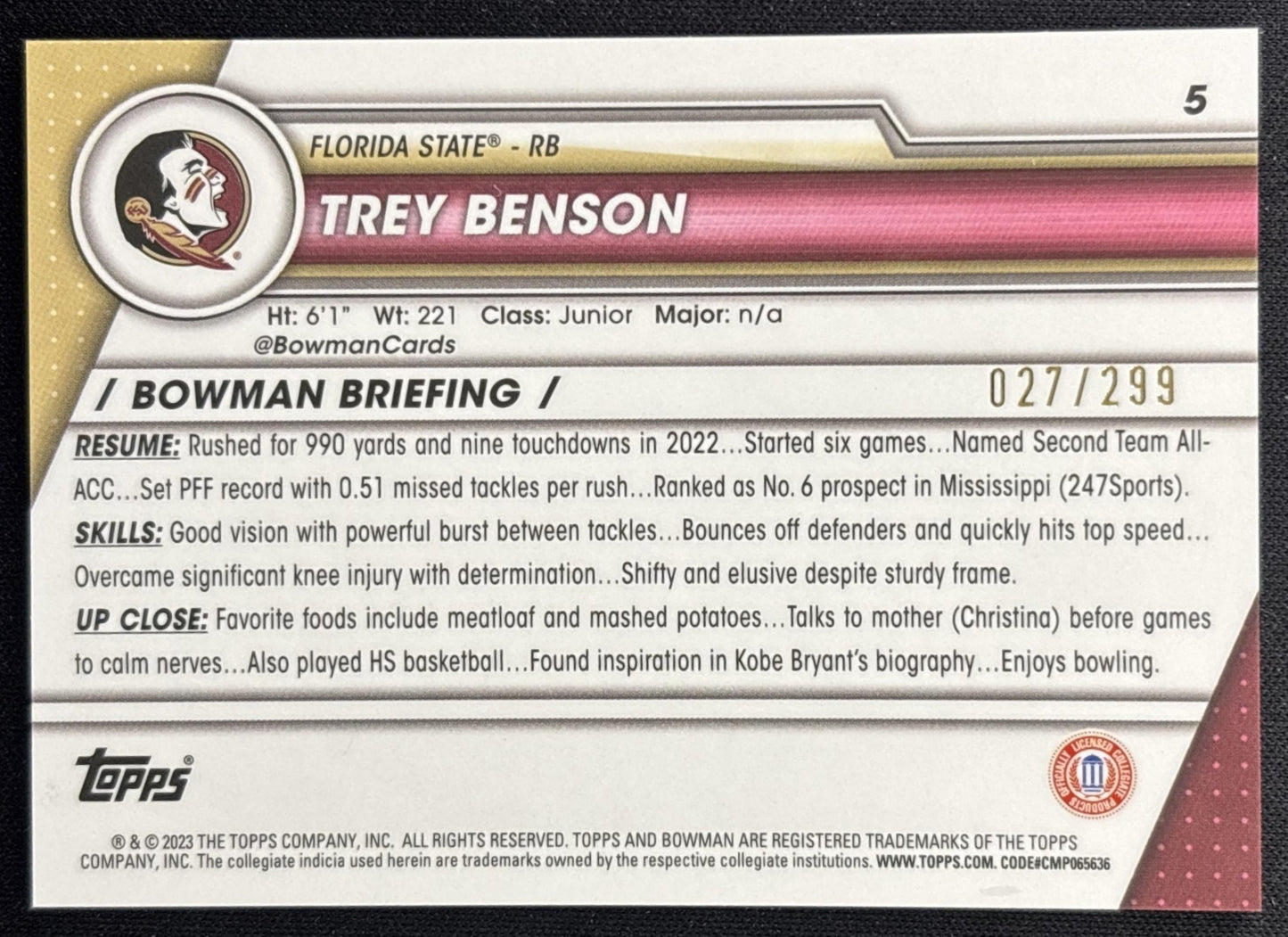 Trey Benson 2023 Bowman University Chrome Aqua Refractor /299 Seminoles back