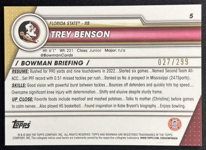 Trey Benson 2023 Bowman University Chrome Aqua Refractor /299 Seminoles back