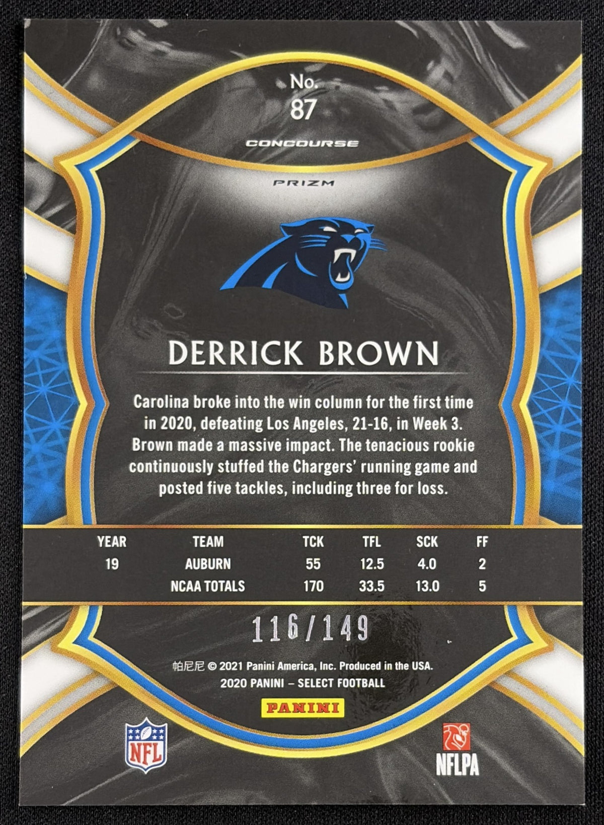 Derrick Brown 2020 Panini Select Maroon Prizm /149 Panthers