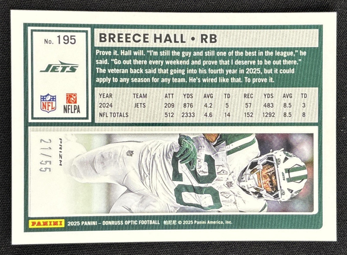 Breece Hall 2025 Panini Donruss Optic Blue Mojo Prizm /55 Jets Sports Trading Card